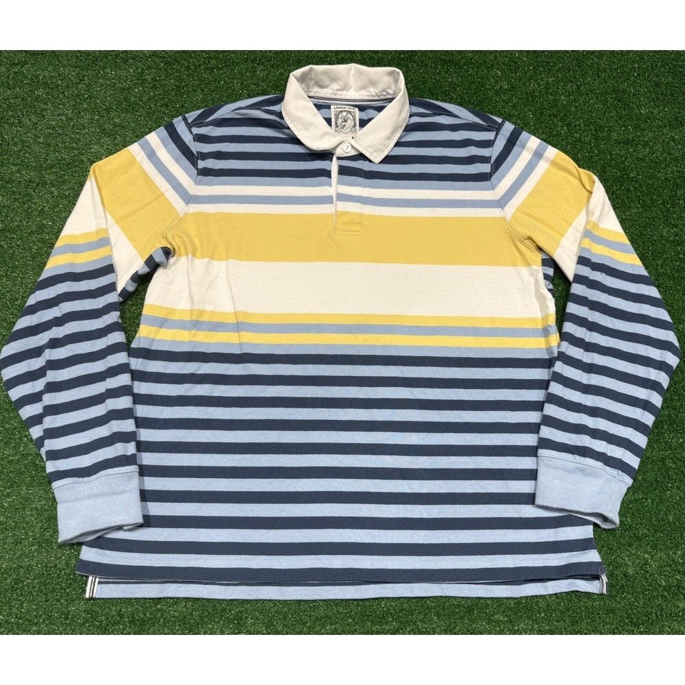 Vintage Lands End Polo Rugby Shirt Men's Size XL Blue Yellow Striped 100% Cotton